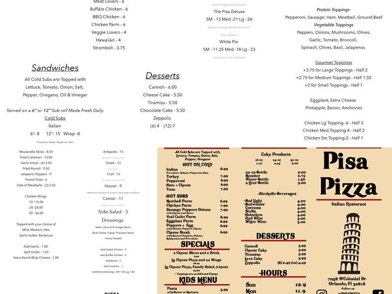 Pisa Pizza Menu