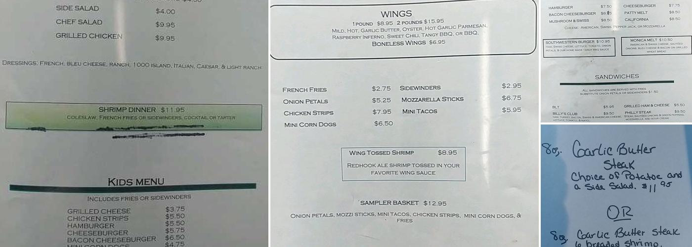 Billy's Pit Stop Pub'n'Grub Menu