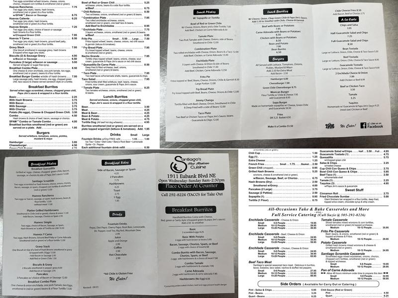 Santiago's Menu