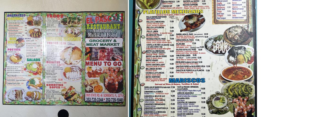 Restaurante el Paso Menu