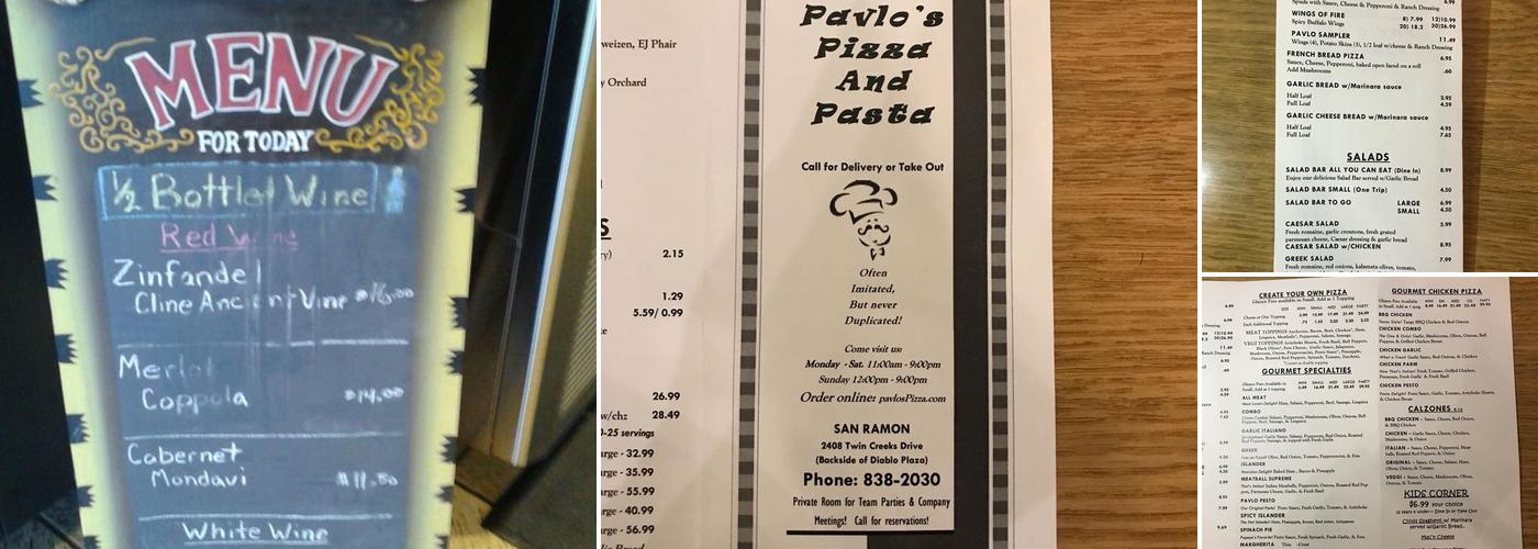 Pavlo's Pizza and Pasta Menu