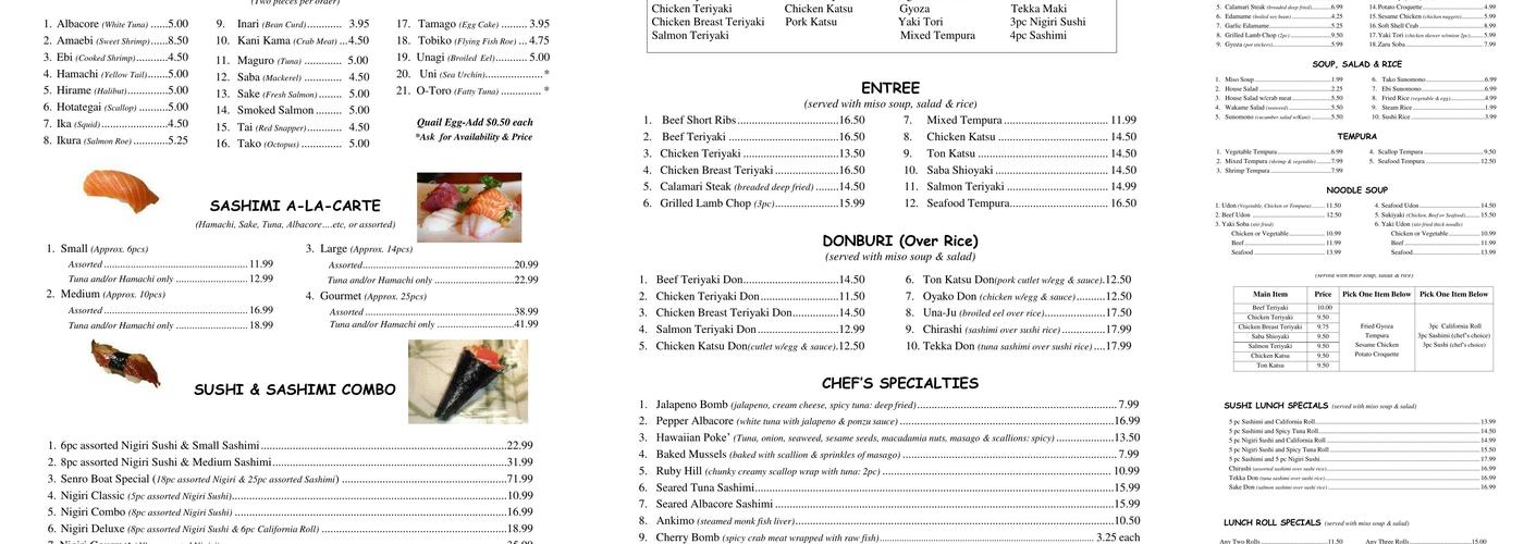 Senro Sushi Menu