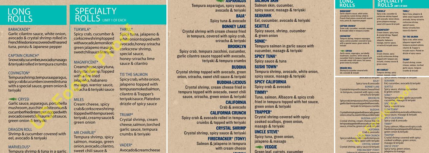 Trapper's Sushi Menu