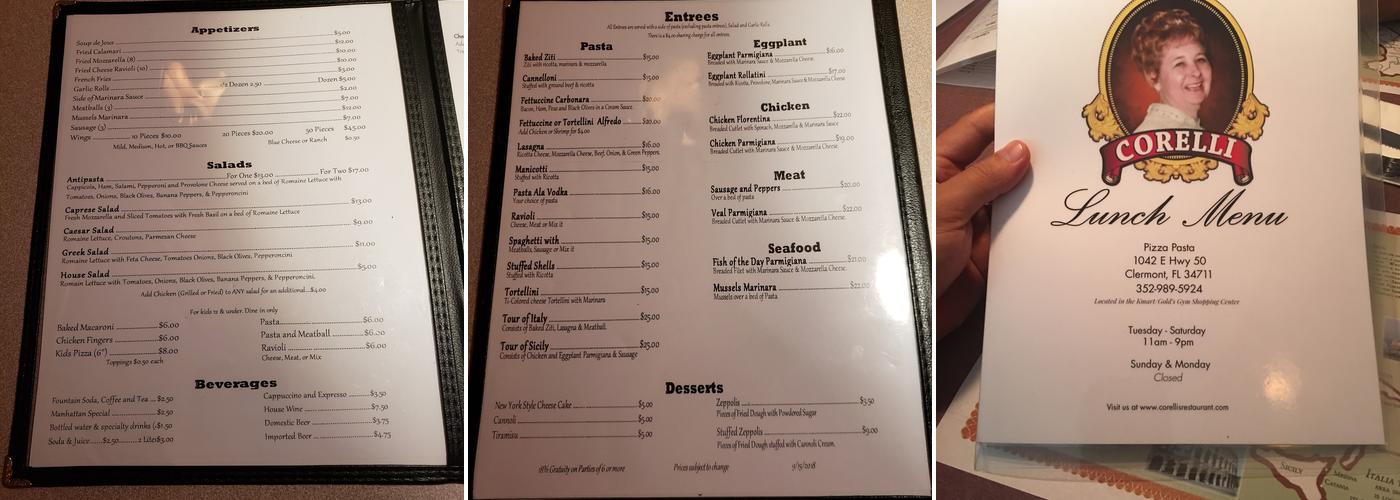 Corelli’s Restaurant Menu