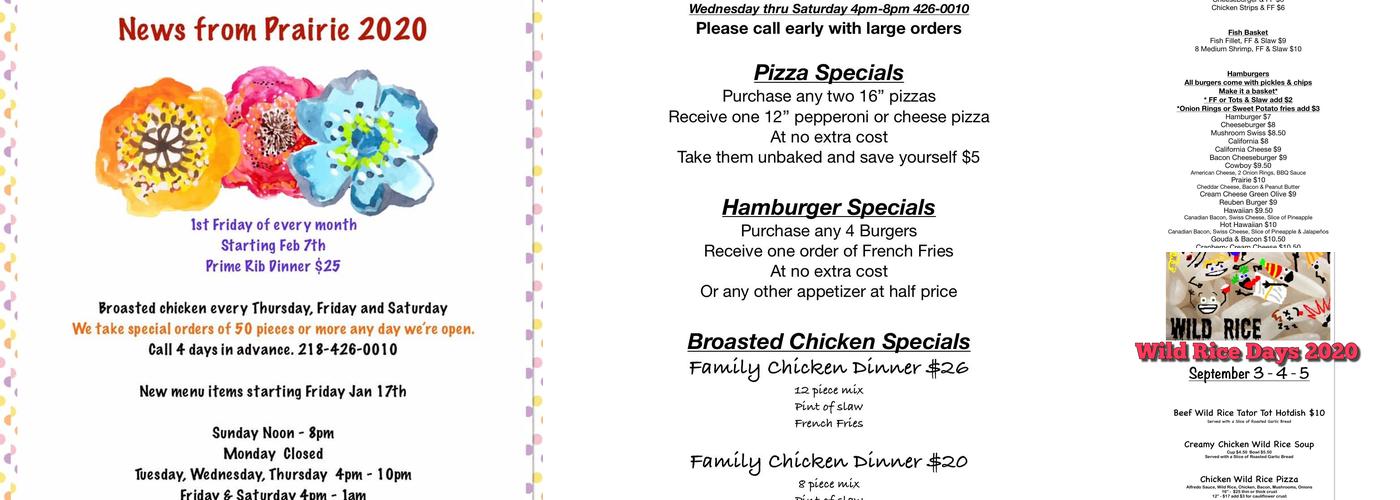 Prairie River Retreat Menu