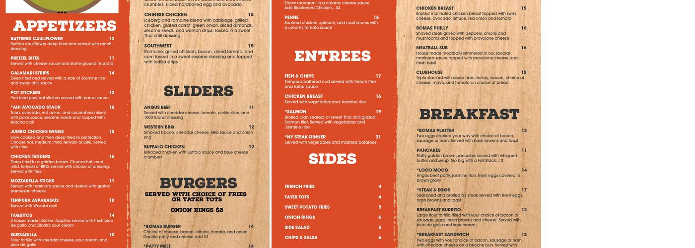 Bomas Bar & Grill Menu
