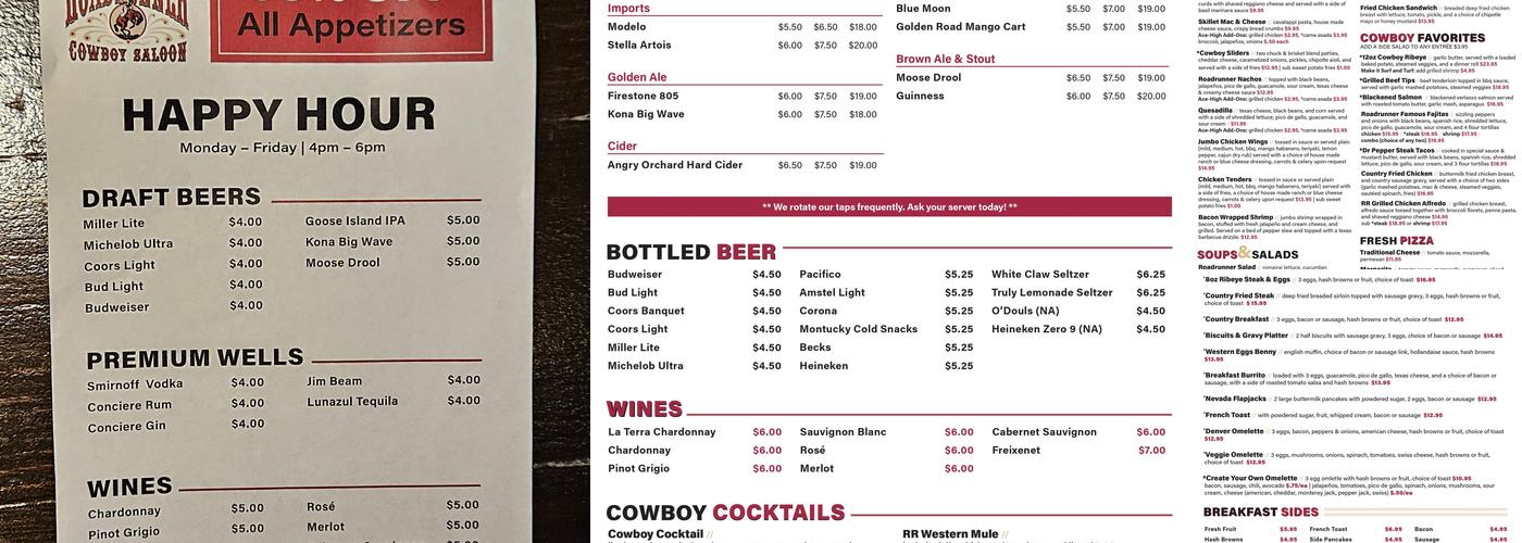 Roadrunner Saloon Menu