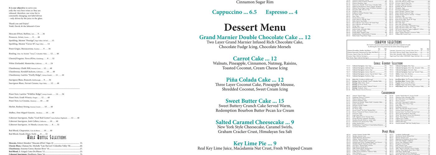 Johnnie's Hideaway Menu