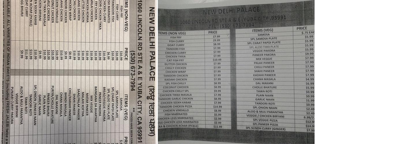New Delhi Palace Menu