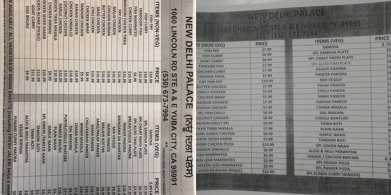 New Delhi Palace Menu