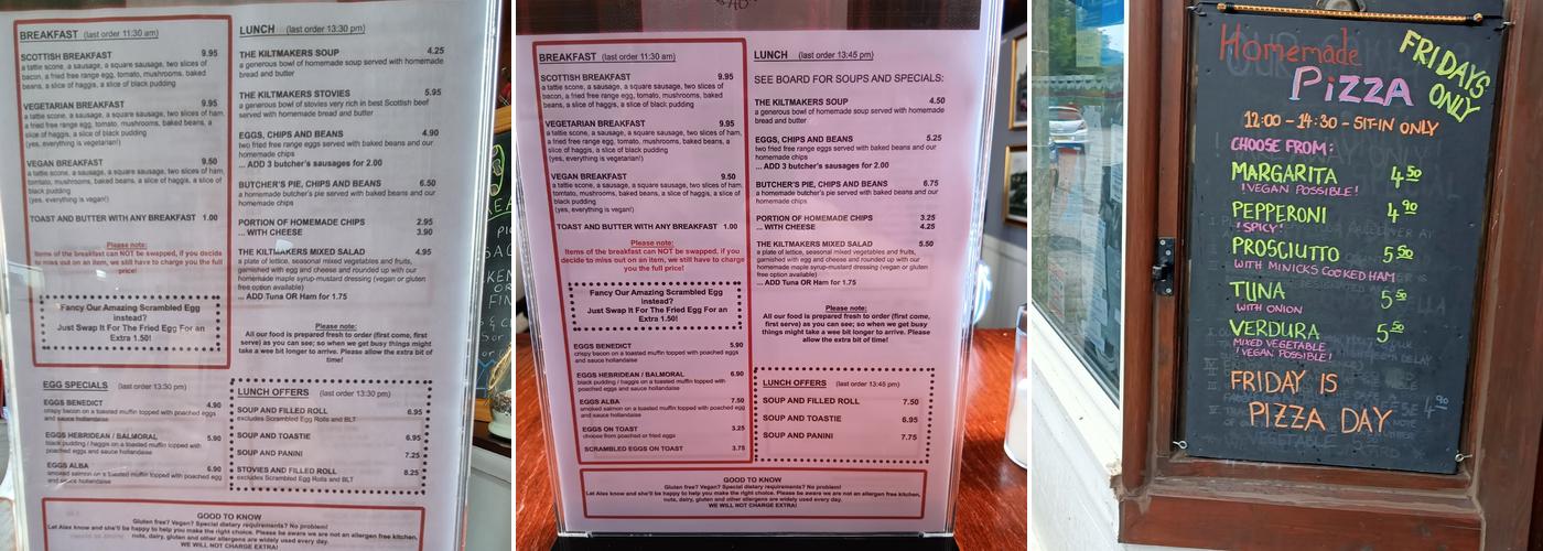 The Kiltmakers Coffee Shop Menu
