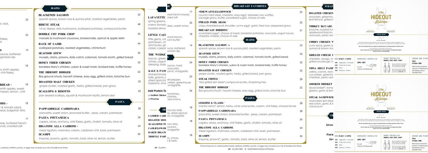 The Hideout Kitchen Menu