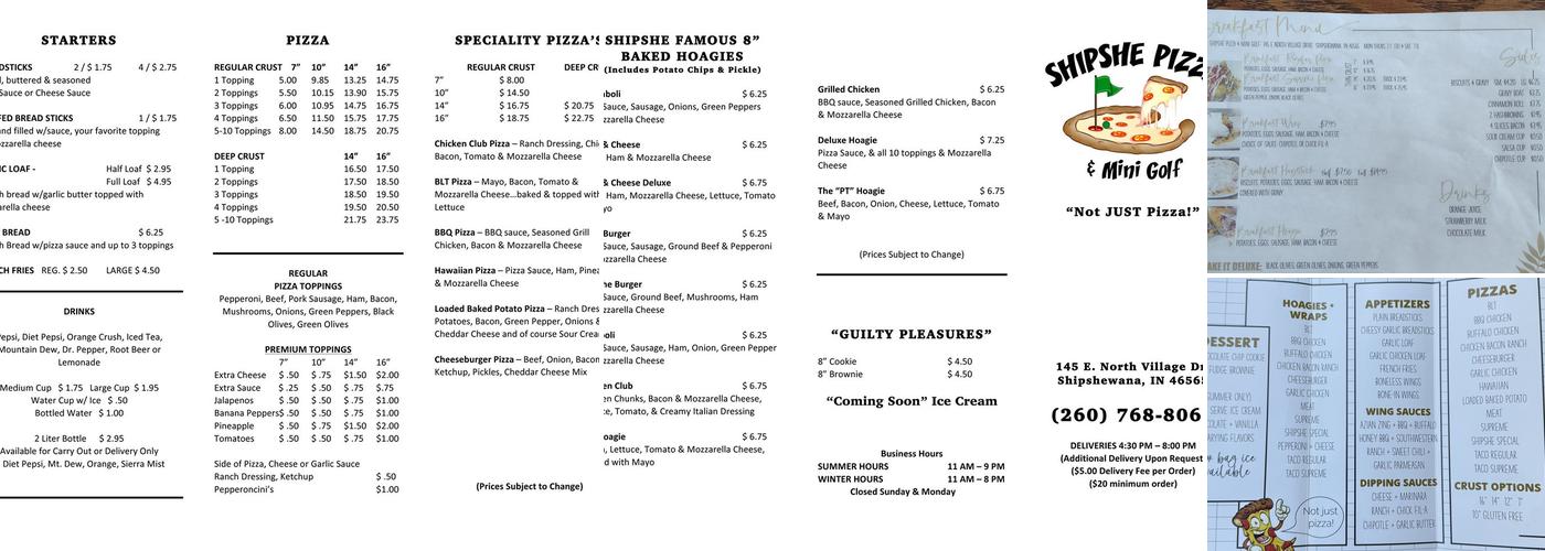 Shipshe Pizza & Mini-Golf, Inc. Menu
