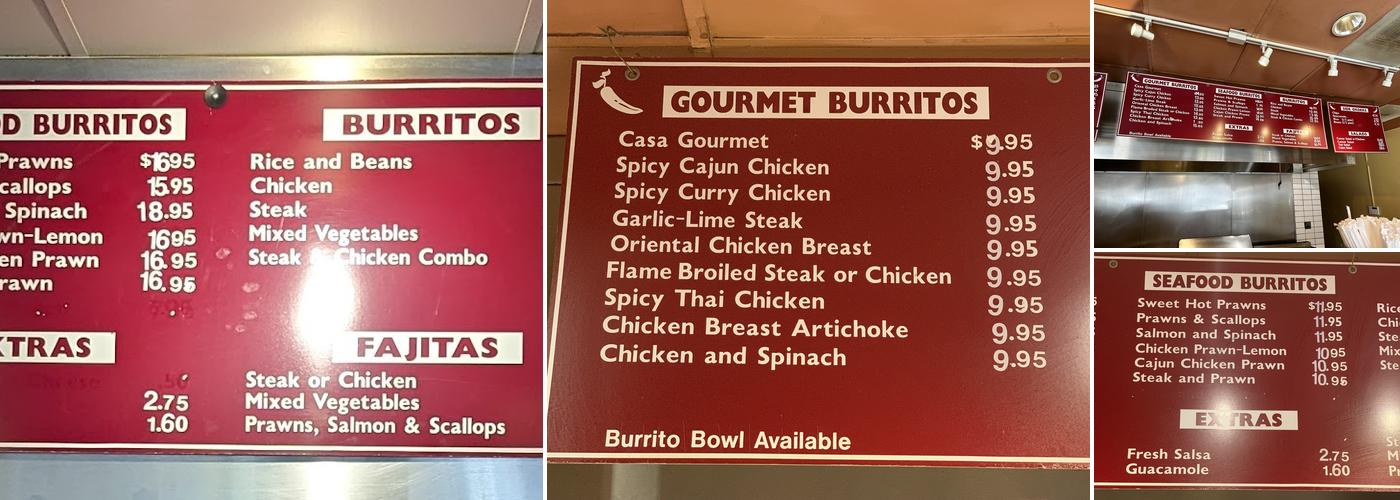 Casa Gourmet Burritos Menu