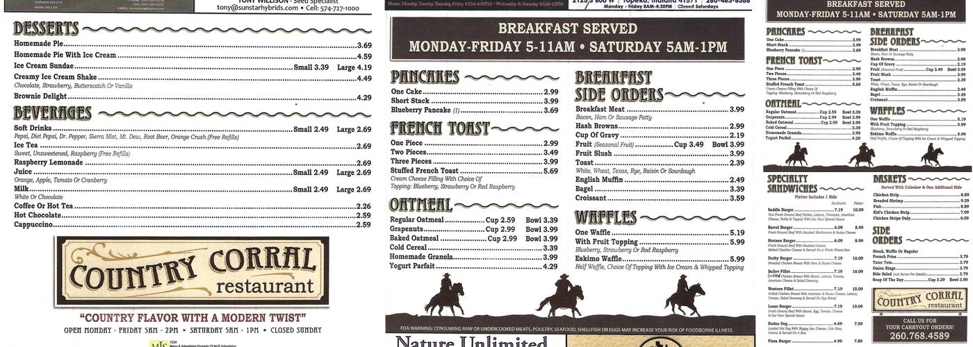 Country Corral Restaurant Menu