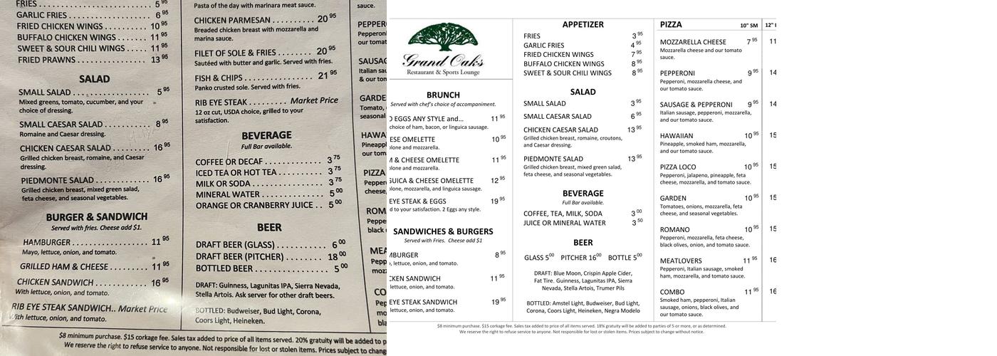 Grand Oaks Menu