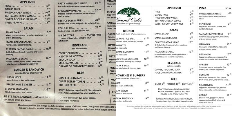 Grand Oaks Menu