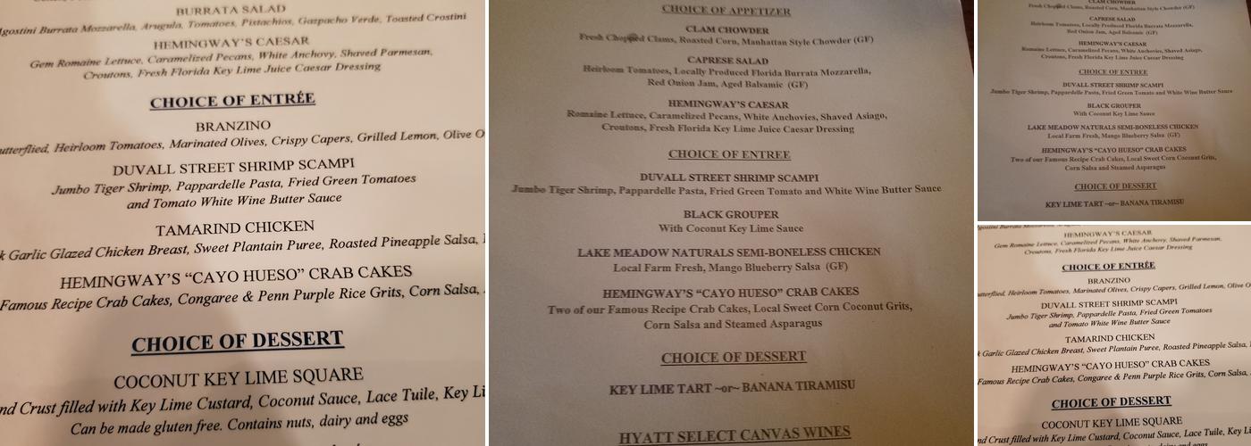 Hemingway's Menu