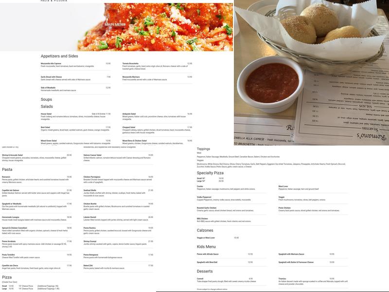Romanos Pasta & Pizzeria Menu