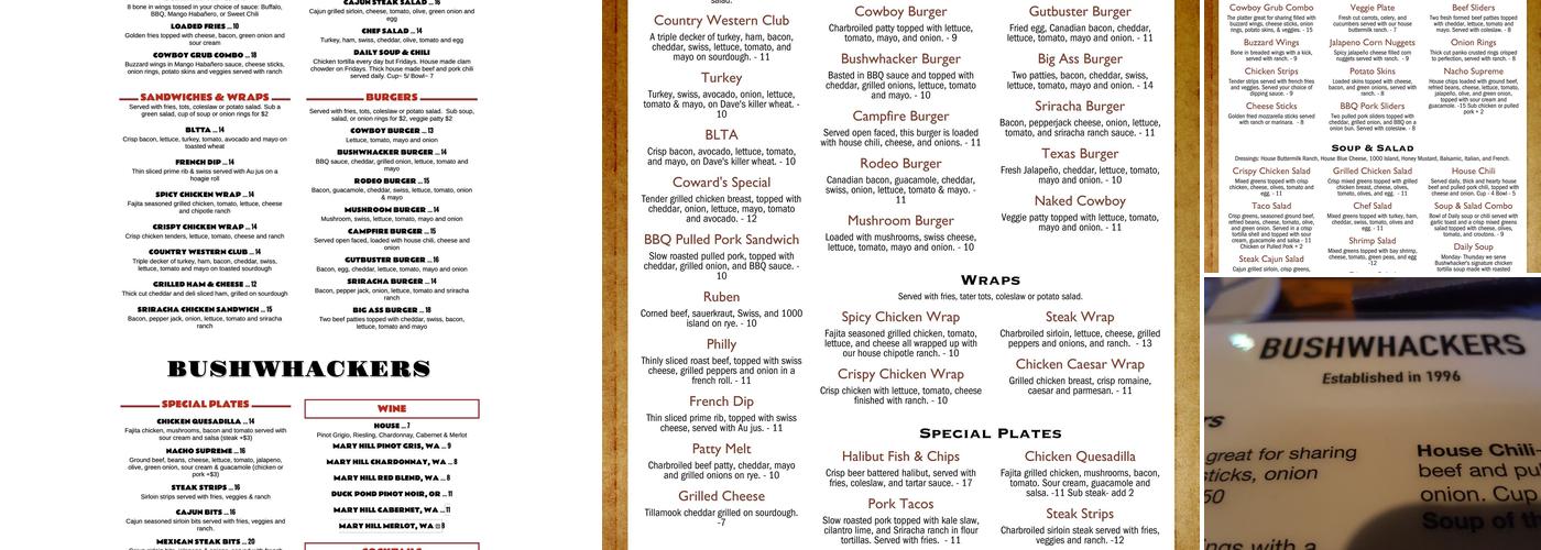 Bushwhackers Menu