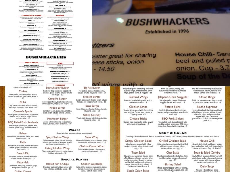 Bushwhackers Menu