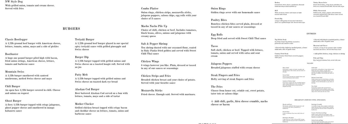 Bootleggers Bar and Grill Menu