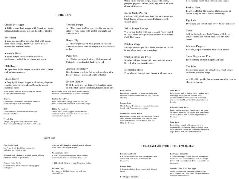 Bootleggers Bar and Grill Menu