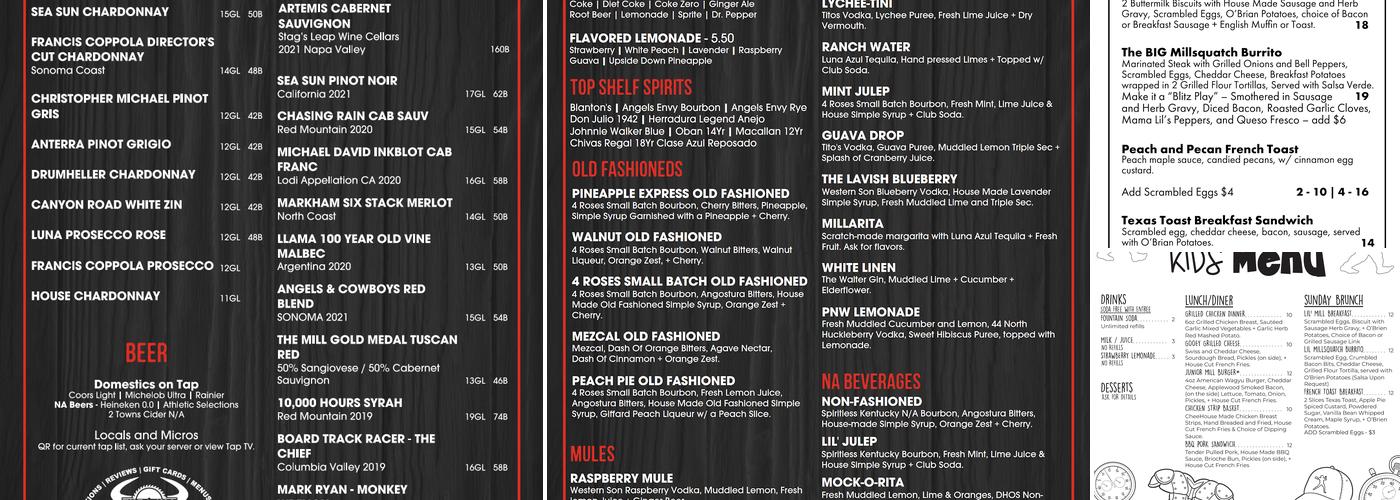 The Mill Steakhouse + Spirits Menu