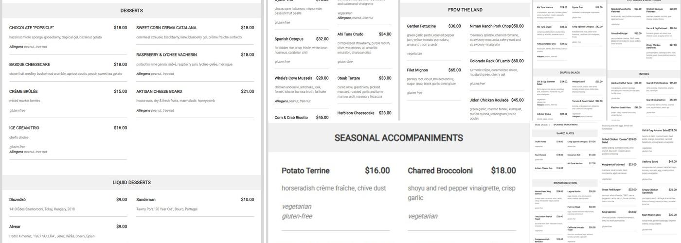 Splashes Restaurant Menu