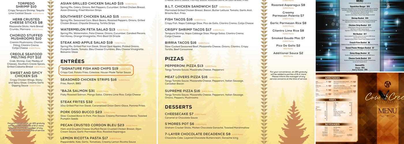 Cow Creek Restaurant Menu