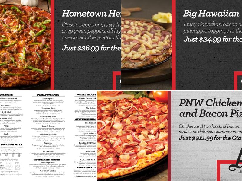 Abby's Legendary Pizza Menu