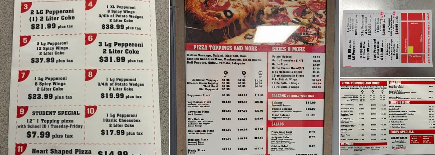 JC's Pizza Menu