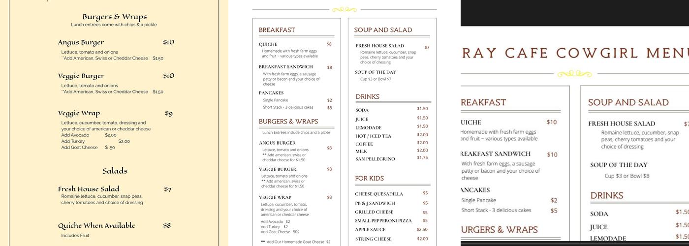 Pray Cafe Menu