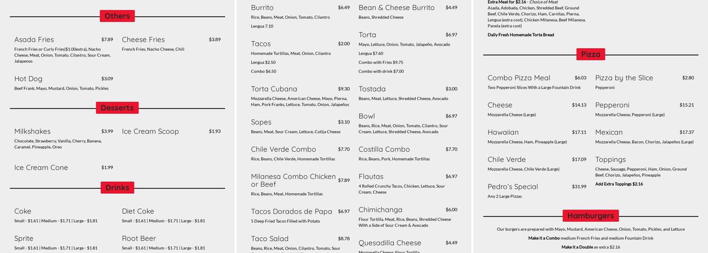 Pedro's Pizza Y Panaderia Menu
