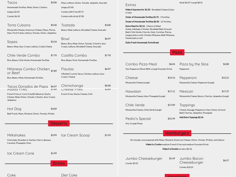 Pedro's Pizza Y Panaderia Menu
