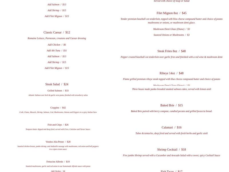 Finley Point Grill Menu