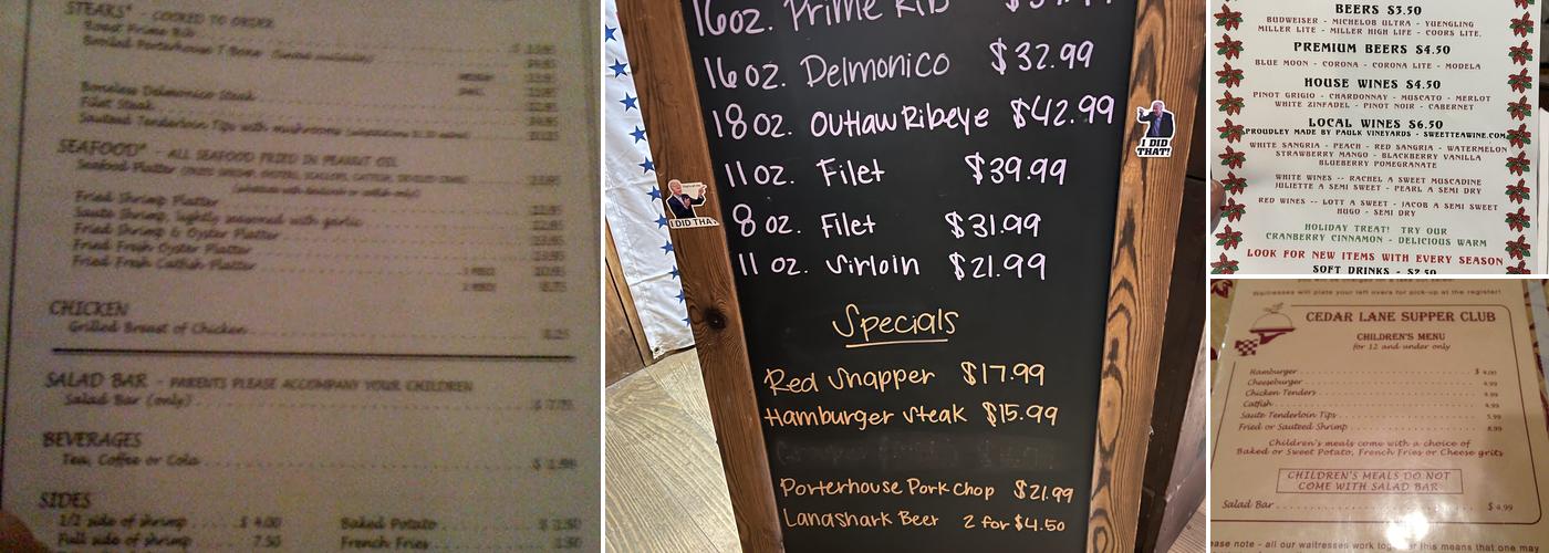 Cedar Lane Supper Club Menu