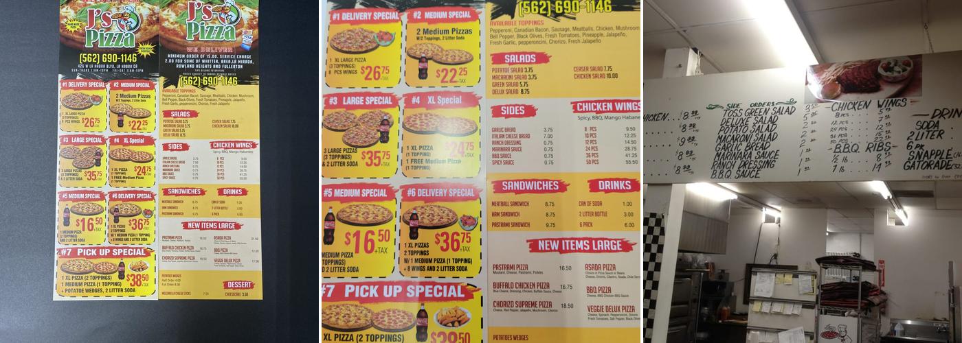 J's Pizza Menu
