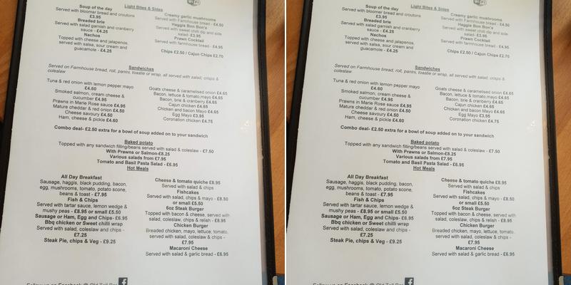 Old Toll Bar Cafe Menu