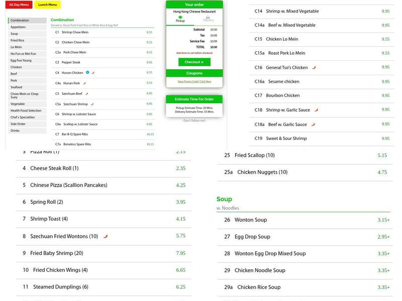 Hong Kong Chinese Restaurant Menu