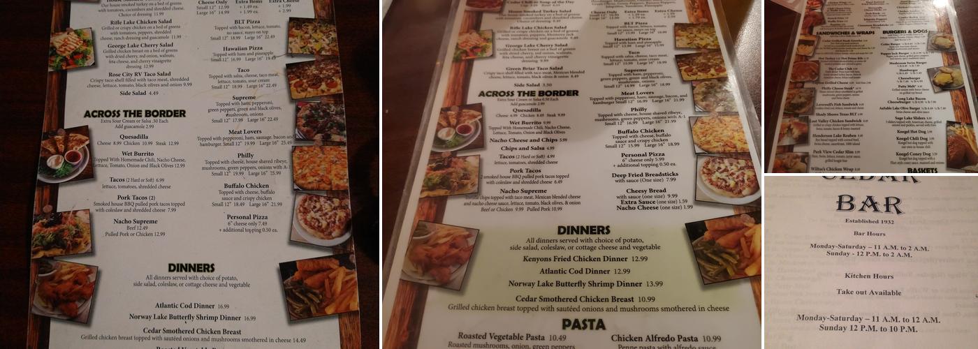 The Cedar Tavern & Grill Menu