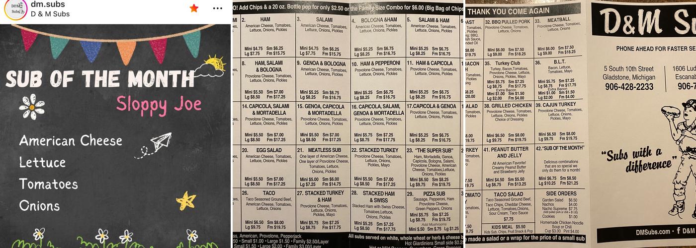 D & M Subs Menu