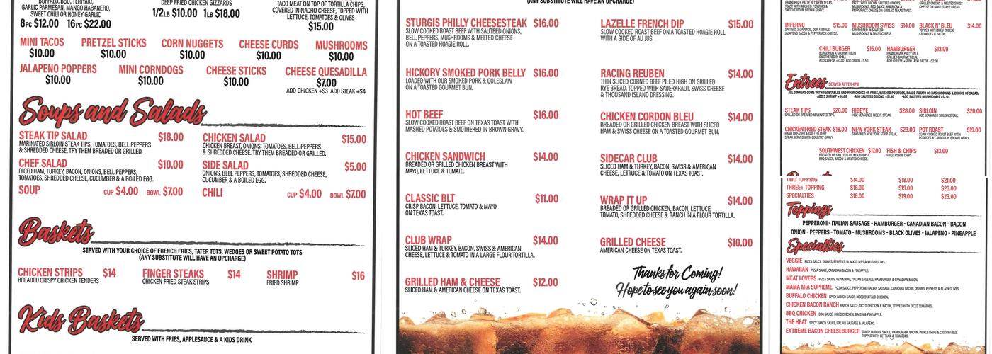 Sidehack Saloon Menu