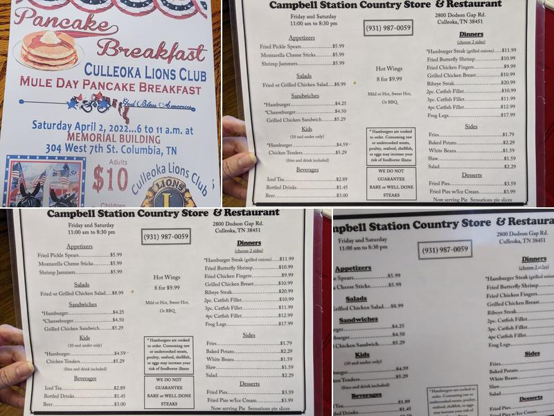 Campbell Station Country Store Restaurant Menu