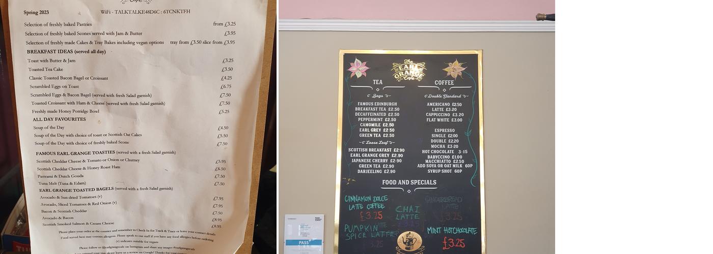 The Earl Grange Cafe Menu