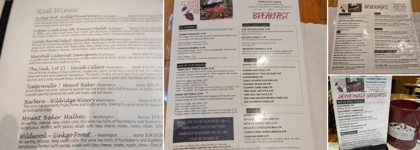 Copper Creek Inn Restaurant & Lodging Menu