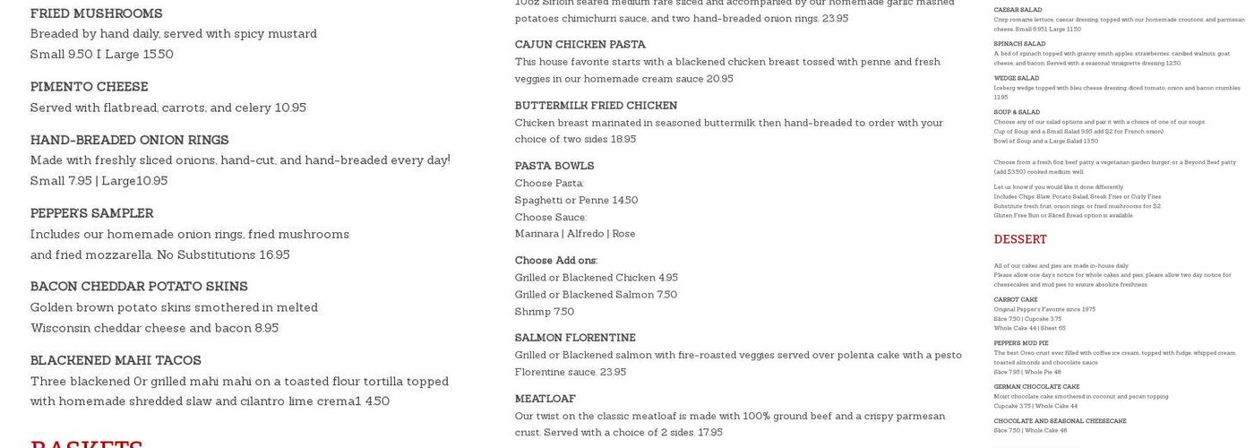 Pepper's Restaurant and Bar Menu