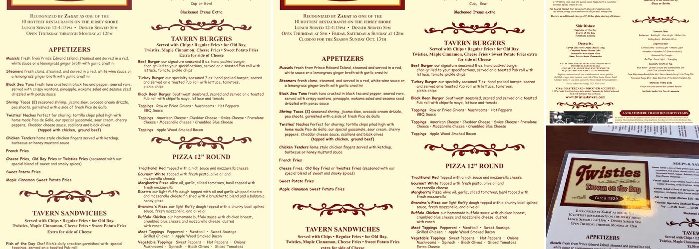 Twisties Tavern on the Bay Menu
