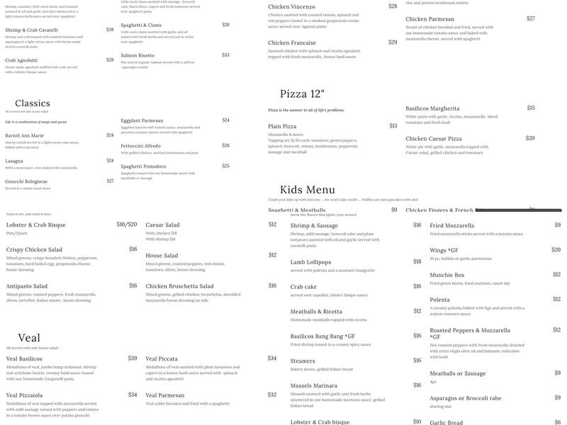 Basilicos Marketplace Menu