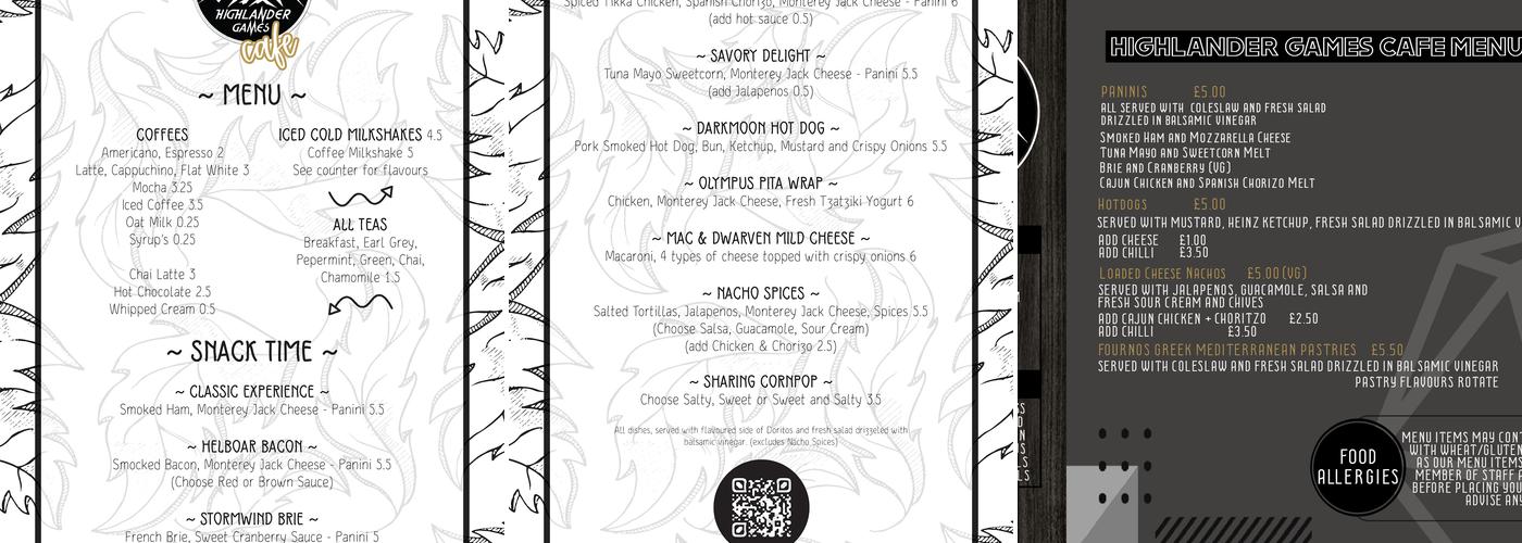 Highlander Board Game Café Menu